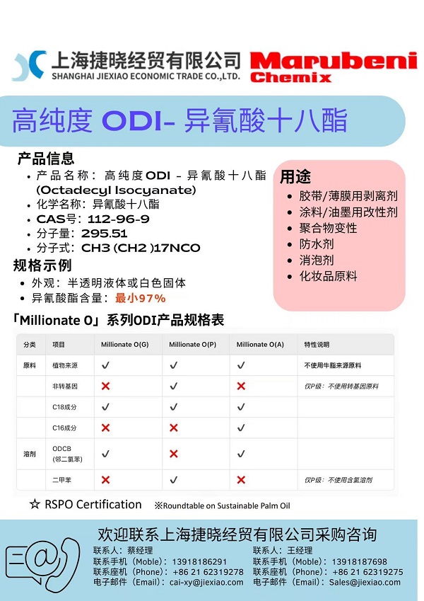 與丸紅Chemix合作推廣日本保土谷生產的高純度ODI——異氰酸十八酯